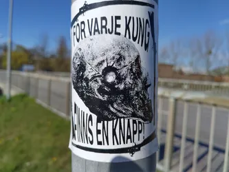 A black and white sticker featuring a stylized illustration of a head with a button in the middle. The text on the sticker translates to "For every king there is a button." The sticker is affixed to a metal pole.