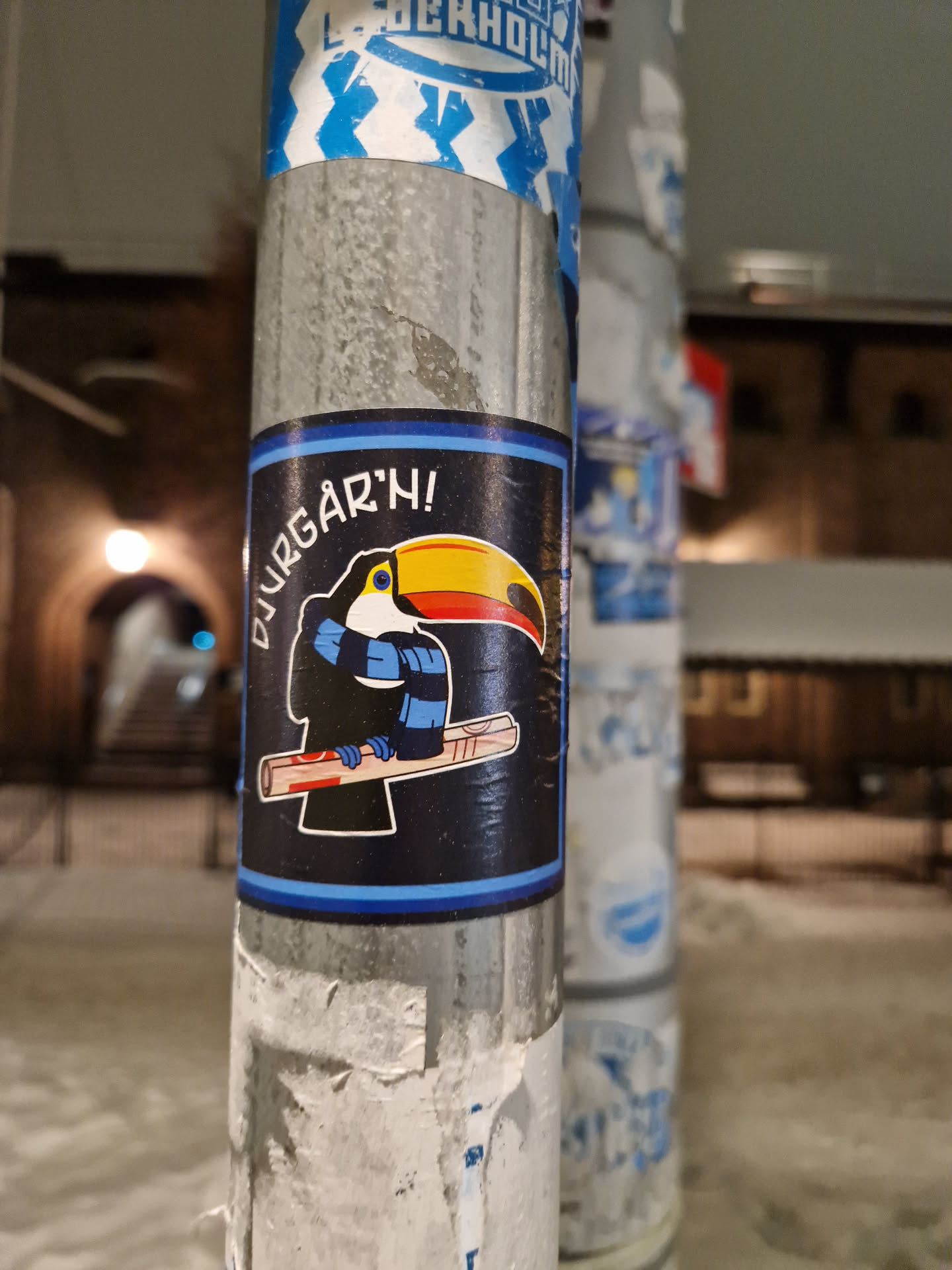 A sticker featuring a toucan holding what looks like a kanelbulle (a Swedish cinnamon bun). The text on the sticker says "Djurgå'rh!" which is a playful take on Djurgården, an island and a popular park in Stockholm, Sweden. The style is simple, cute, and slightly humorous.