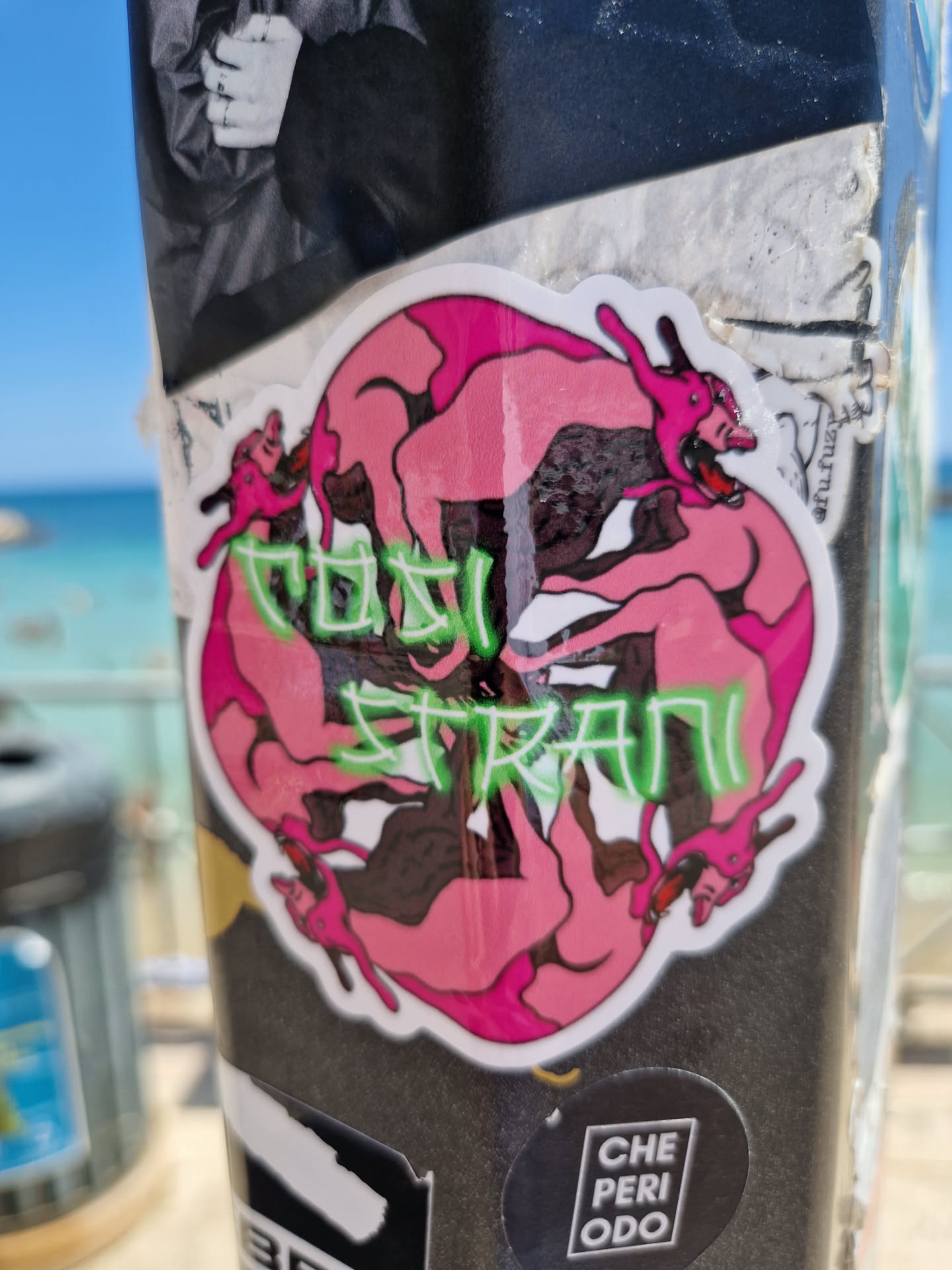 A pink and green sticker featuring a circular design of stylized figures. The text "Cosí Strani" is prominently displayed in the center.