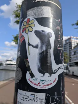 The sticker depicts a gray rat standing upright and holding a flower. The sticker is placed on a black pole along with other stickers. The rat has a solemn expression and appears to be presenting the flower. Another sticker mentions "TT VASUMWEG 4c AMSTERDAM - NOORD (NDSM)". The style of the rat sticker is distinct, suggesting a specific artist.