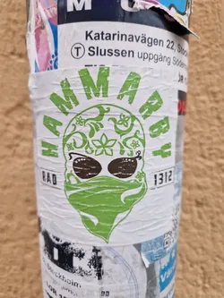 Green and white sticker with a skull wearing sunglasses and a bandana. The text "Hammarby Rad 1312" is visible.