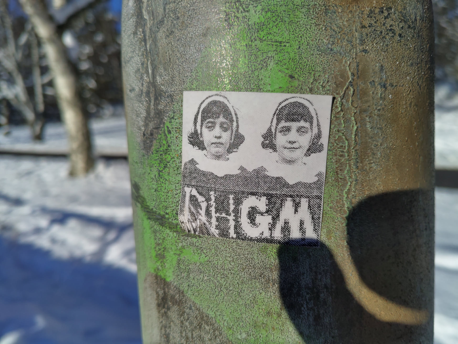 A sticker featuring two identical twin girls in black and white. Below the image, the letters SHGM are visible. The sticker is attached to a weathered green metal pole. A snowy landscape is visible in the background.