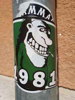 A green sticker featuring a cartoon illustration of a grinning man smoking a cigarette. The number 1981 is prominently displayed at the bottom.