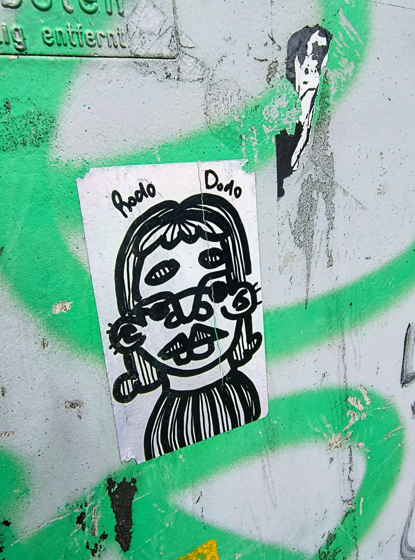 The sticker features a quirky black and white drawing of a character with four eyes, large lips, and a striped shirt. The text "Rodo Dodo" is written above the head of the character. It is pasted on a rough surface with green graffiti.