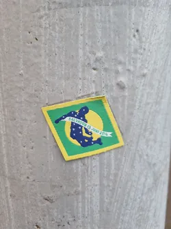 A small, diamond-shaped sticker featuring a stylized figure against a yellow sun and green background. The text 'Salvador 13 Juni 2014' is visible. The style suggests a commemorative or event-related sticker.