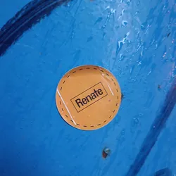 A round yellow sticker with the word Renate written in a black sans-serif font inside a rectangle on a blue surface. The sticker has a dashed line border. 