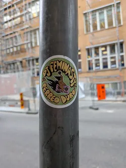 A circular sticker affixed to a grey metal street pole. It features a muted green background enclosed in a thin white circular border. At the center is an illustration of a woman with long black hair riding atop a pink boombox that emits black flames behind it, holding a vinyl record high above her head. Surrounding this central drawing are stylized, curvy beige letters with black drop shadows that read 'DJ FEMINASTY' around the top and 'PERREO DURO' along the bottom.