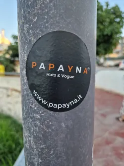 A black round sticker with the PAPAYNA logo and website. It says "Hats & Vogue" under the logo. The sticker is on a gray pole.