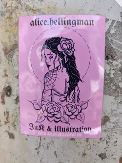 Pink sticker featuring a line art illustration of a woman with a rose in her hair, looking over her shoulder. She has a spiderweb on her back. Below her are roses and leaves. The artist's name and social media handle are included. 