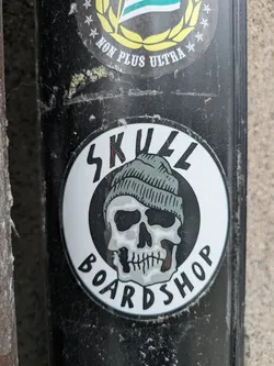 A round sticker with a skull wearing a beanie in the center. The text "SKULL BOARD SHOP" is written around the skull. 