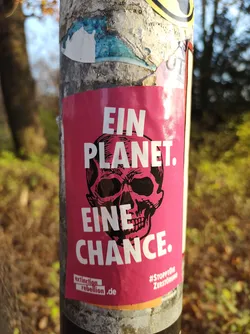 Pink sticker with a skull and the text "Ein Planet. Eine Chance." (One planet. One chance.) in German.  It also includes the website extinctionrebellion.de and the hashtag #StopDieZerstörung.