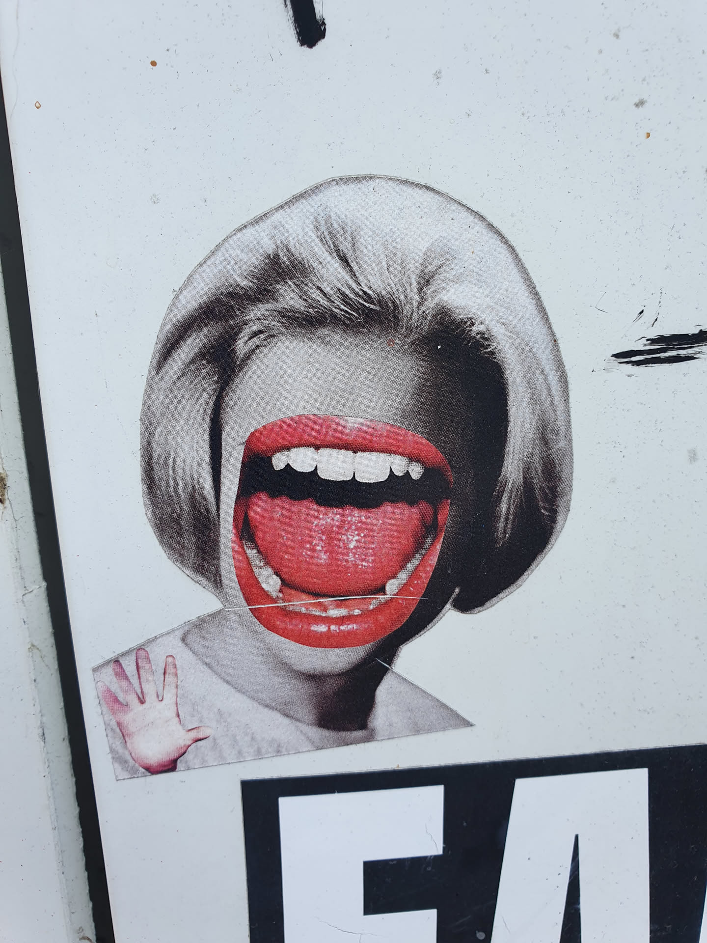 This sticker features a collage-style image of a woman with an oversized mouth and bright red lips. Her expression is one of a loud shout or scream. The style is reminiscent of vintage or pop art, with a surreal twist. The image is striking and thought-provoking, with a blend of retro aesthetics and a modern twist.