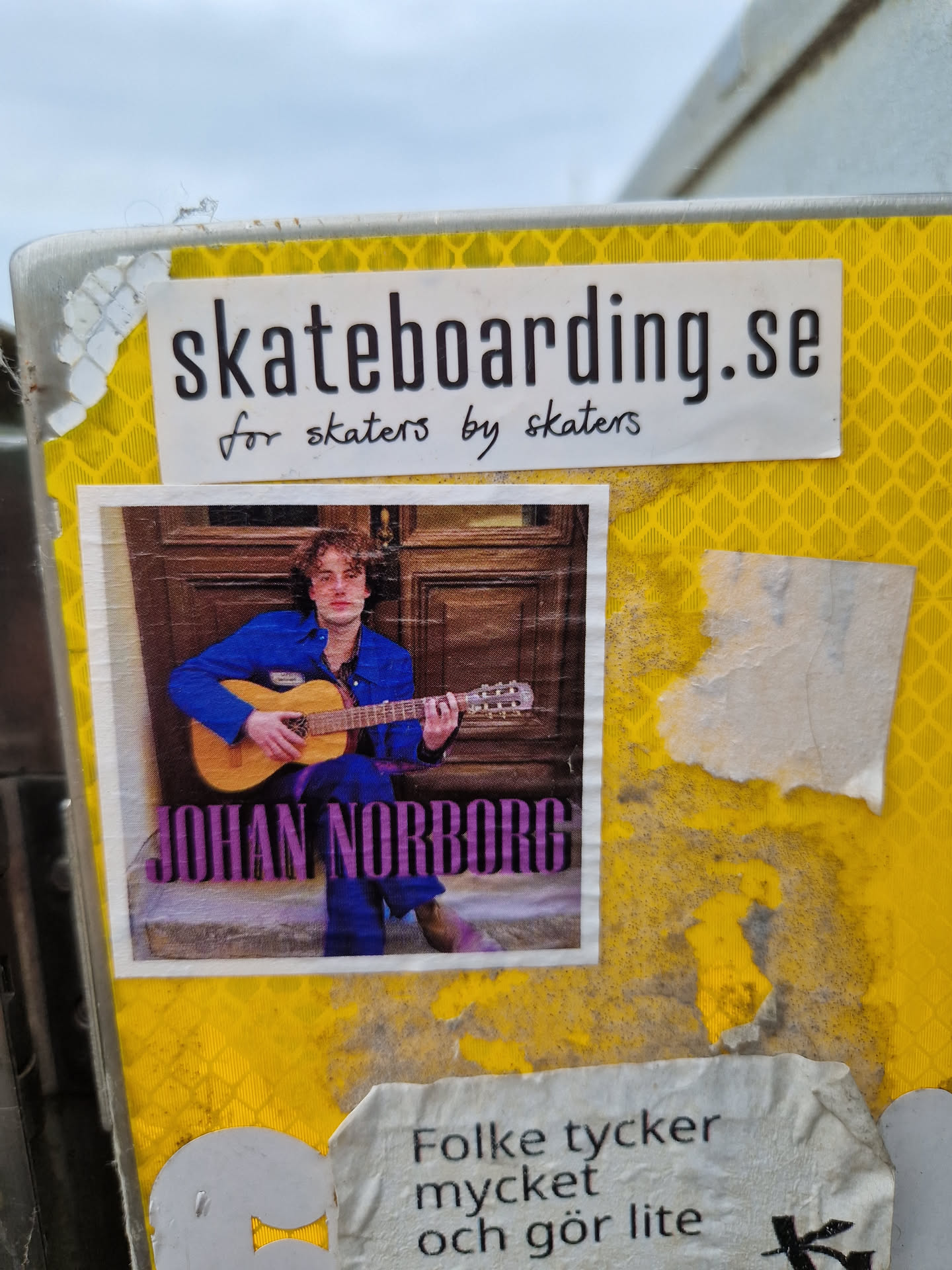 Sticker featuring Johan Norborg playing an acoustic guitar.  The sticker also includes the website skateboarding.se with the tagline "for skaters by skaters".