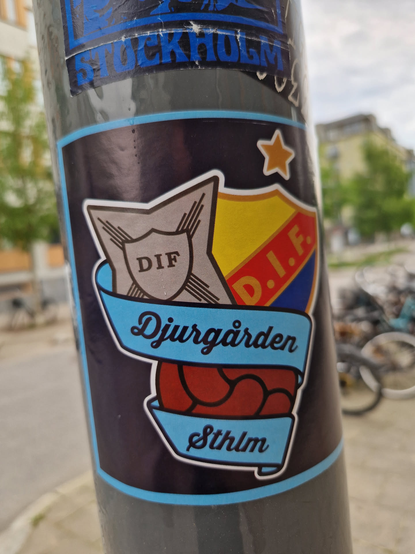 A sticker featuring the logo of Djurgårdens IF, a football club from Stockholm, Sweden. The logo is a shield with the club's initials and a stylized soccer ball. The text 'Djurgården' and 'Sthlm' are prominently displayed.