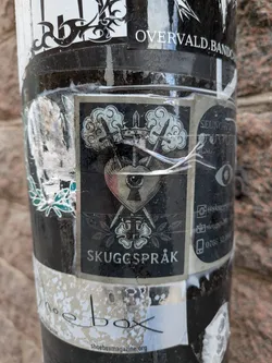 The central sticker is a rectangular design with a dark, possibly black or very dark grey, background. Its main motif is a stylized heart, subtly tinted with pink or red, which contains a keyhole and an eye looking through it. Two ornate swords cross behind the heart, their hilts visible above. A small crown rests atop the heart and swords. Above the crown, there are swirling cloud-like elements. Below the heart, two symmetrical floral designs, resembling roses or similar blossoms, are depicted with leaves. The overall style is intricate and gothic. At the very bottom of this central panel, the word 'SKUGGSPRÅK' is written in a clear, sans-serif font. To the right, on an adjacent panel that appears to be part of the same sticker or a closely related one, there are icons for Instagram, email/website, and phone, along with corresponding text.