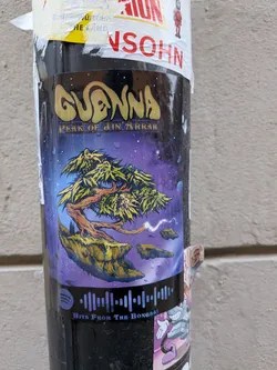 The sticker features a vibrant, fantastical scene set against a deep purple and blue cosmic background dotted with numerous white stars and nebulae. At its center is a gnarled, ancient-looking tree with bright yellow-green, spiky foliage, rooted on a large, textured floating island of rock and earth. Below the main island, smaller rock fragments drift, with a streak of white energy or lightning emanating from one of them. Above the main artwork, the band name "GUANNA" is written in a stylized, golden, bubbly font, with "PEAK OF JIN ARRAH" beneath it in a smaller, more angular script. At the bottom, a light blue Spotify audio wave code is prominently displayed, accompanied by the text "HITS FROM THE BONGSAI" in a similar font. The sticker appears glossy and has visible water droplets, suggesting it's exposed to the elements on a pole.