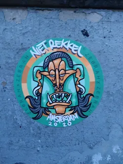 Round sticker featuring a stylized cartoon character with exaggerated features. The character has long black hair, a large nose, and prominent teeth. The text Niet Pekkel is written at the top, and Amsterdam 2020 at the bottom. The background is teal with orange accents.  The text Zebra x Zebra is repeated around the edge.