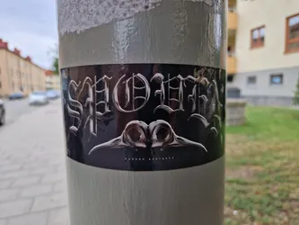 A black and silver sticker with the word "SHOGGOTH" in a gothic-style font.  Below the word is a stylized image that looks like a pair of birds' heads or a similar creature.  The words "RANDOM BASTARDS" appear in a much smaller font at the bottom of the sticker.
