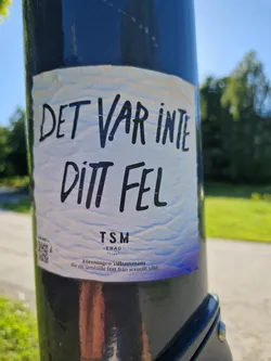 A sticker placed on a lamppost advocating against sexual violence.  The sticker features text in Swedish that translates to "It wasn't your fault."  It also includes the name of an organization, TSM - ENAD (likely an abbreviation). A QR code is present but the URL it directs to could not be determined. 