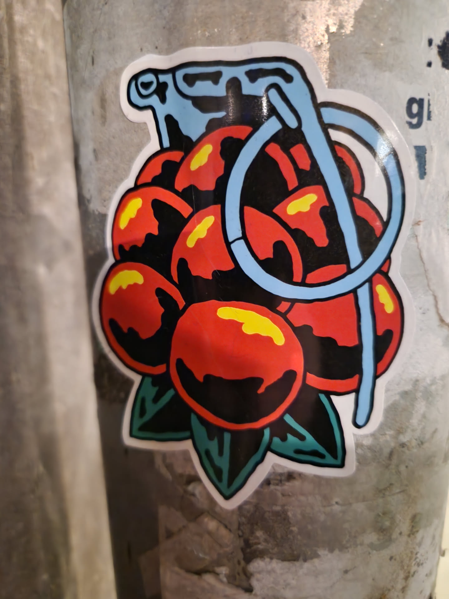 A sticker depicting a cherry bomb with a light blue handle and red cherries. It has a traditional tattoo-style design with black outlines and dark green leaves at the bottom.