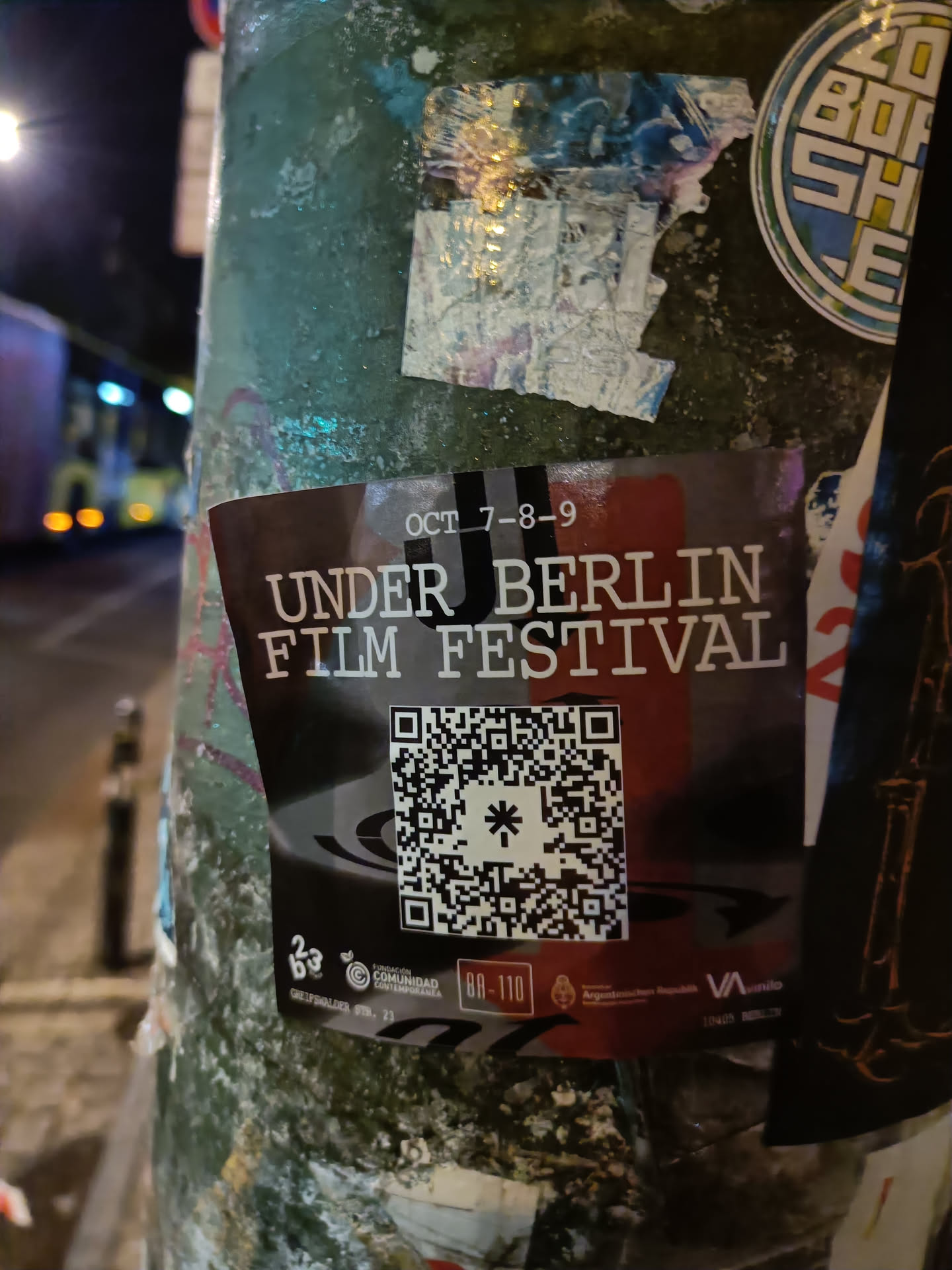 A sticker for the Under Berlin Film Festival, which took place from October 7-8-9.  The sticker features a QR code.