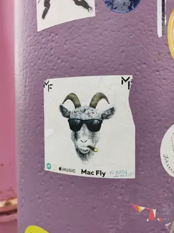 Sticker featuring a goat wearing sunglasses and smoking a cigar.  The text 'Mac Fly' is prominently displayed, along with Spotify and Apple Music logos. There is also some additional, smaller handwritten text.