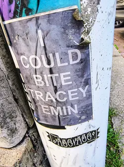 Street sticker A sticker on a pole that reads 'I COULD BITE TRACEY EMIN'. The sticker is black and white, and there is another sticker below it with illegible text.