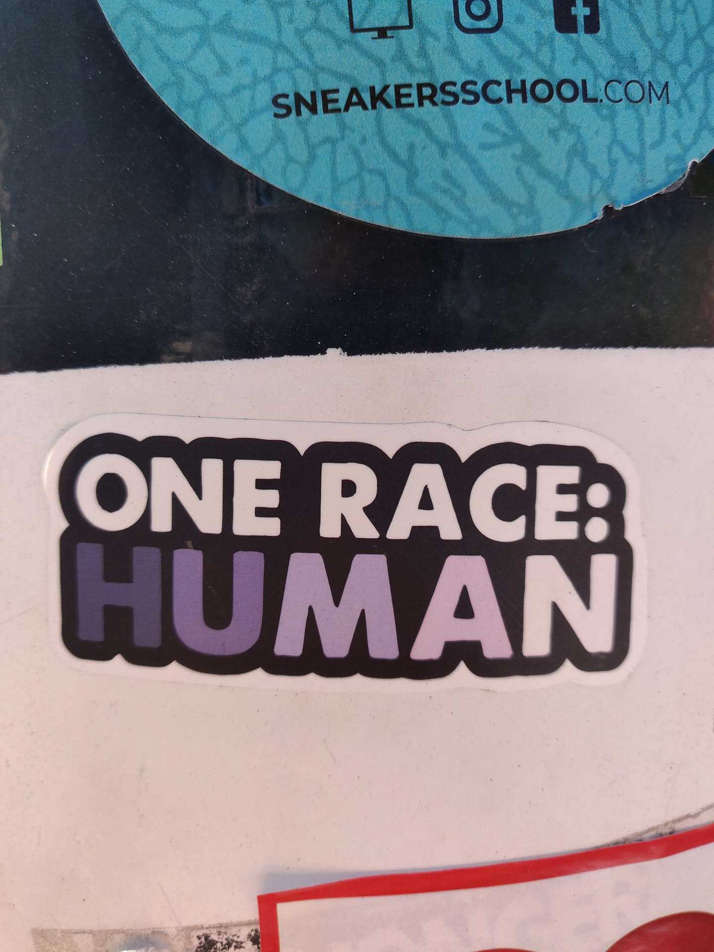A sticker with the text "ONE RACE: HUMAN" in black and purple. The background is white. 