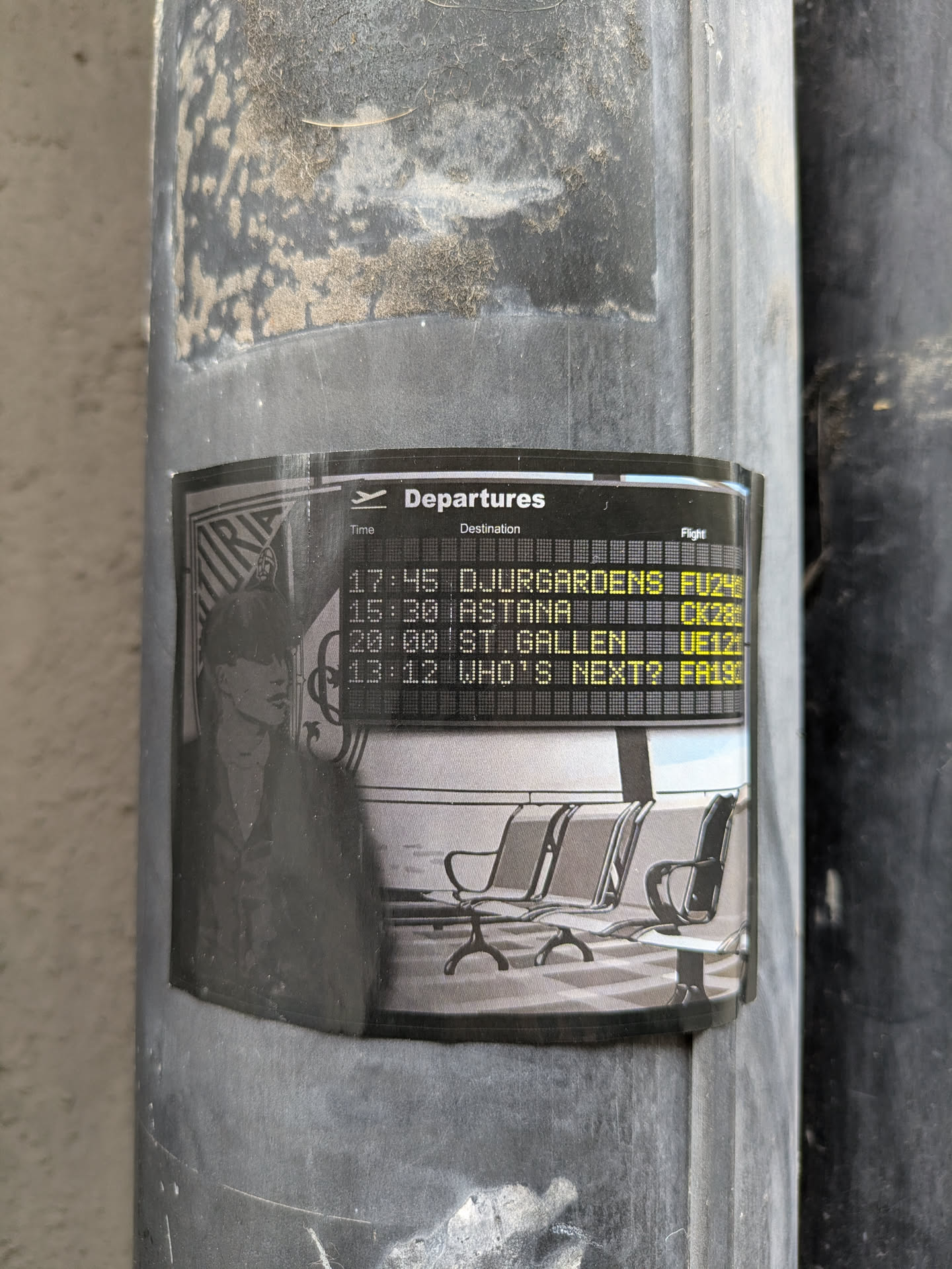 Black and white sticker depicting a person waiting at an airport, with a departures board in the background showing various destinations and flight numbers. The sticker has a slightly gritty, urban feel.