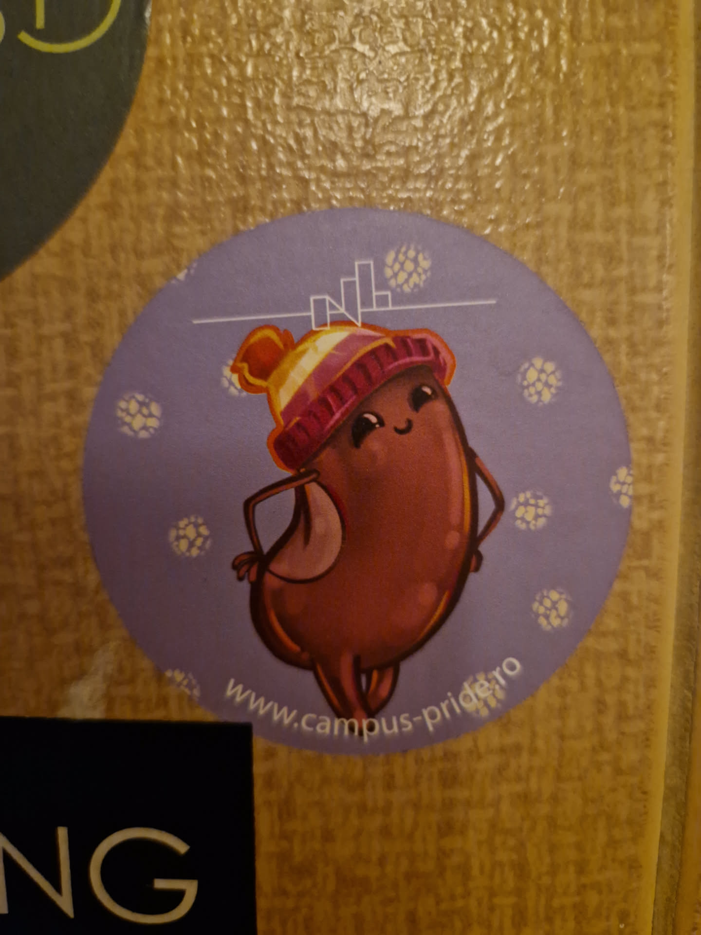 A round sticker featuring an adorable cartoon bean wearing a striped winter hat. The bean is depicted in a playful pose, with a slight smile. The background is light purple with a subtle snowflake pattern. At the bottom, a website address is visible: www.campus-pride.ro