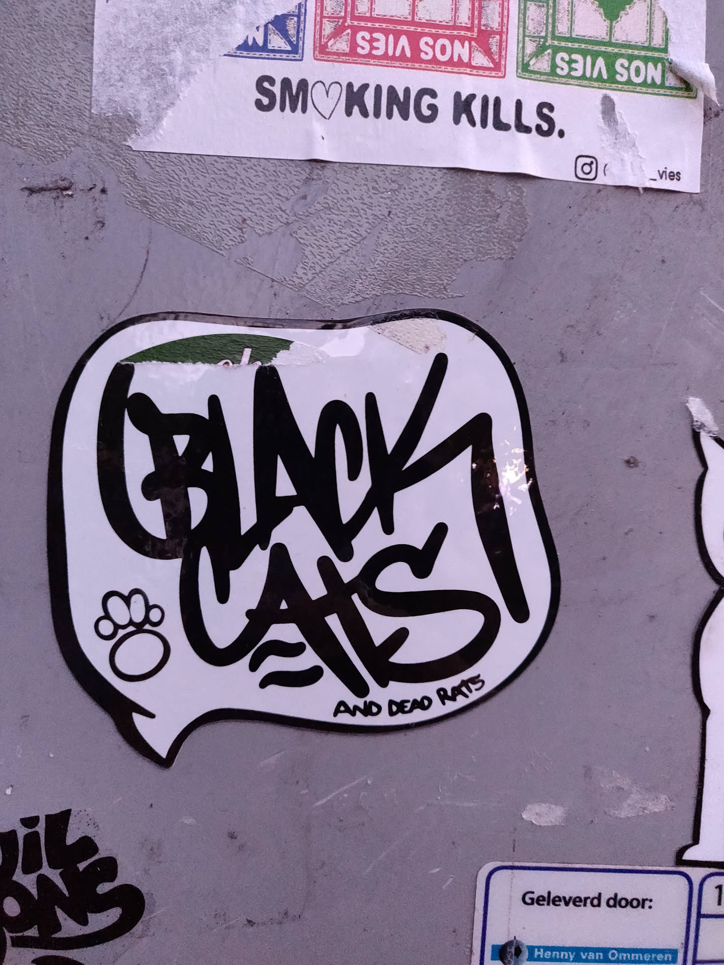 A sticker with graffiti-style text that says "BLACK CATS" and underneath in a smaller font "AND DEAD RATS". There is a small paw print symbol to the left of the main text. The sticker is white with black text and is in the shape of a speech bubble.