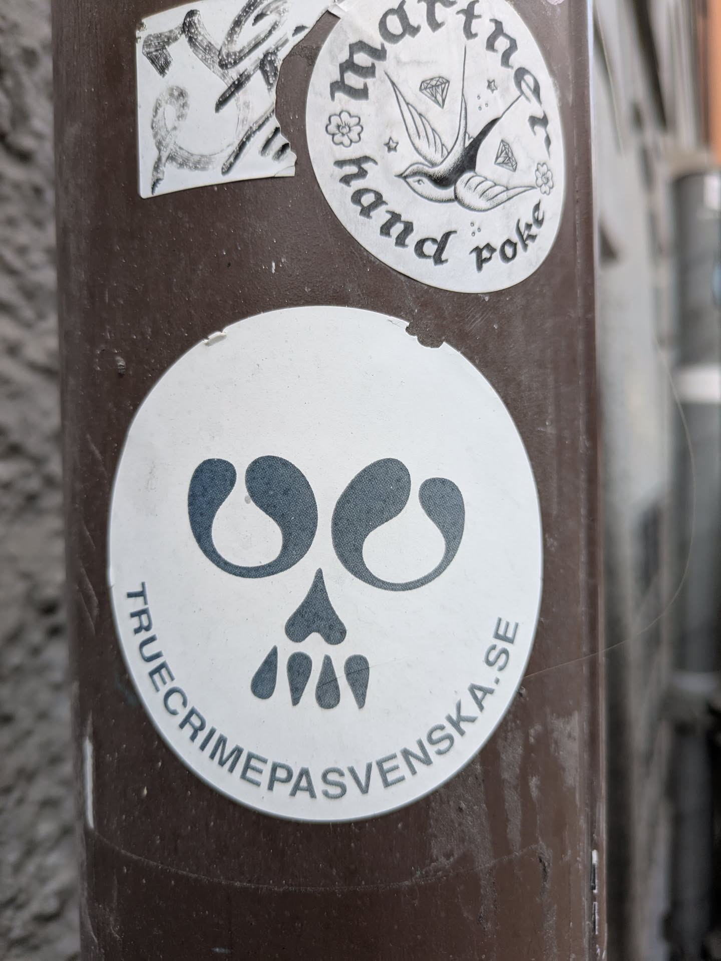 A round sticker with a minimalist skull design. The text "truecrimepasvenska.se" circles the skull.