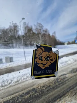 A sticker featuring a cartoon mouse with the text "Black Ladies" underneath. The sticker is a bit worn, adding to its charm. The background is a snowy winter landscape.