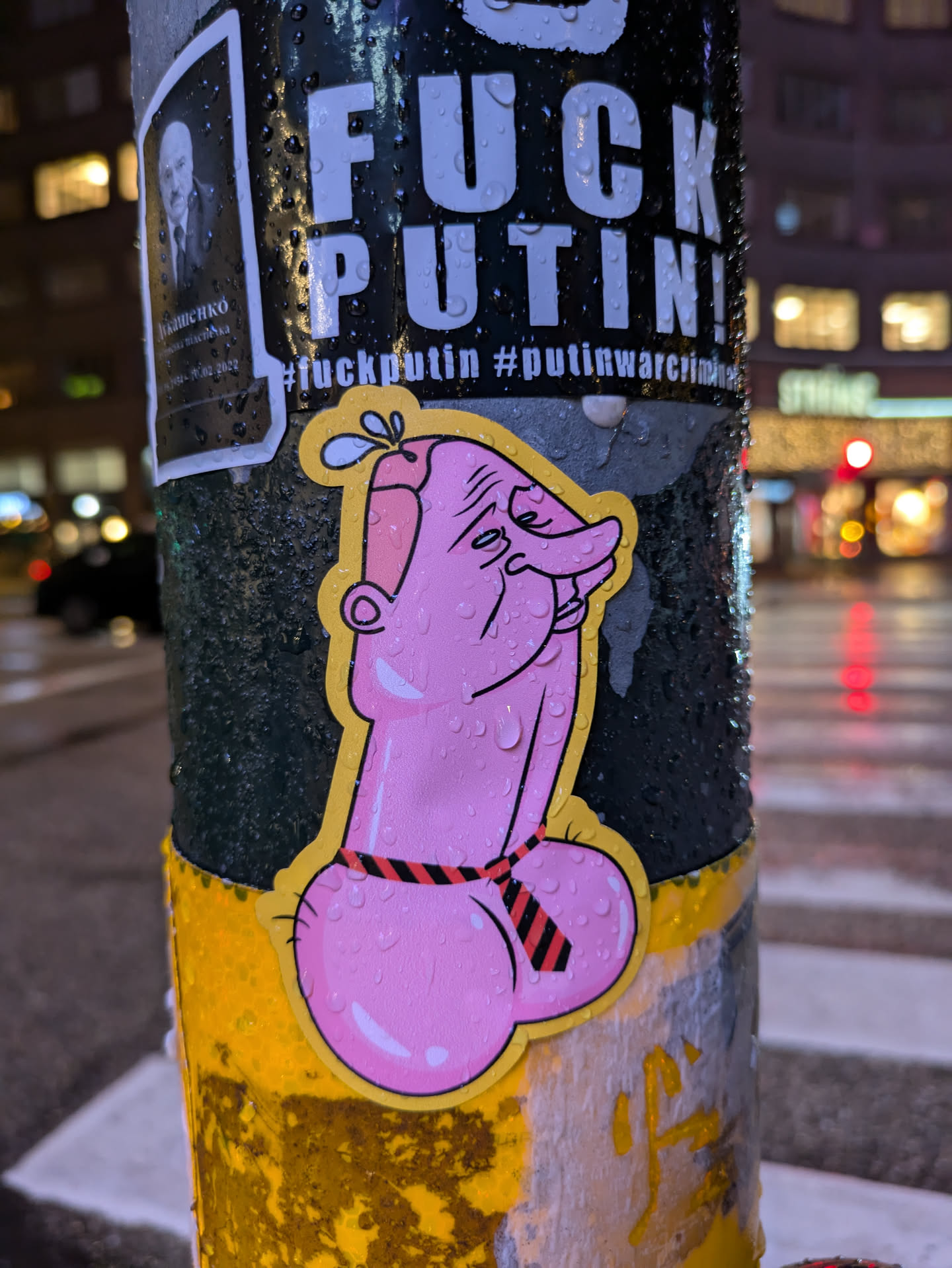 This sticker is a provocative piece of street art, using crude humor to express anti-Putin sentiment. The image is a cartoonish rendering of Putin's face on a penis, with a tie. The sticker is affixed to a pole, where it is partially obscured by raindrops and other stickers.