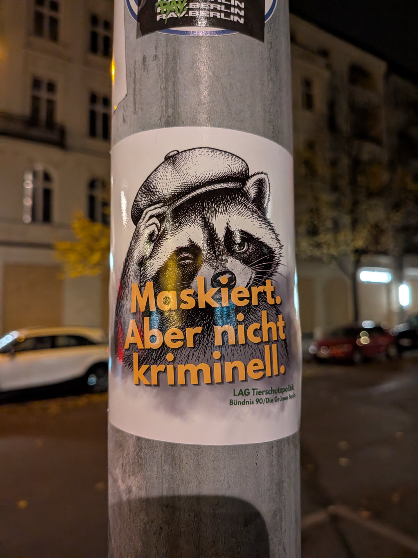 A vertical sticker attached to a metal post features a black-and-white, woodcut-style illustration of a raccoon wearing a tweed flat cap and winking with one eye while tipping its cap. Overlaid on the lower half of the raccoon is bold yellow-orange text with dark drop shadows reading 'Maskiert. Aber nicht kriminell.'. In the bottom right corner, smaller green text identifies the creator as 'LAG Tierschutzpolitik Bündnis 90/Die Grünen Berlin'. The background of the sticker design is white.