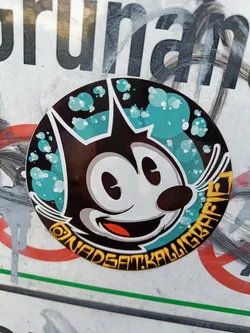 Round sticker featuring a retro-style cartoon cat with teal and white accents. The text around the cat says "ONADSATKALIGRAFI".