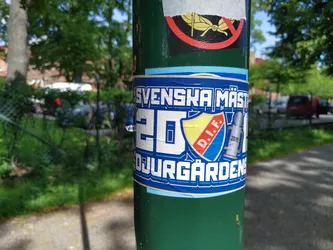 A sticker commemorating Djurgården's victory in the 2019 Swedish championship. The sticker features the team's logo and the year of their win. 
