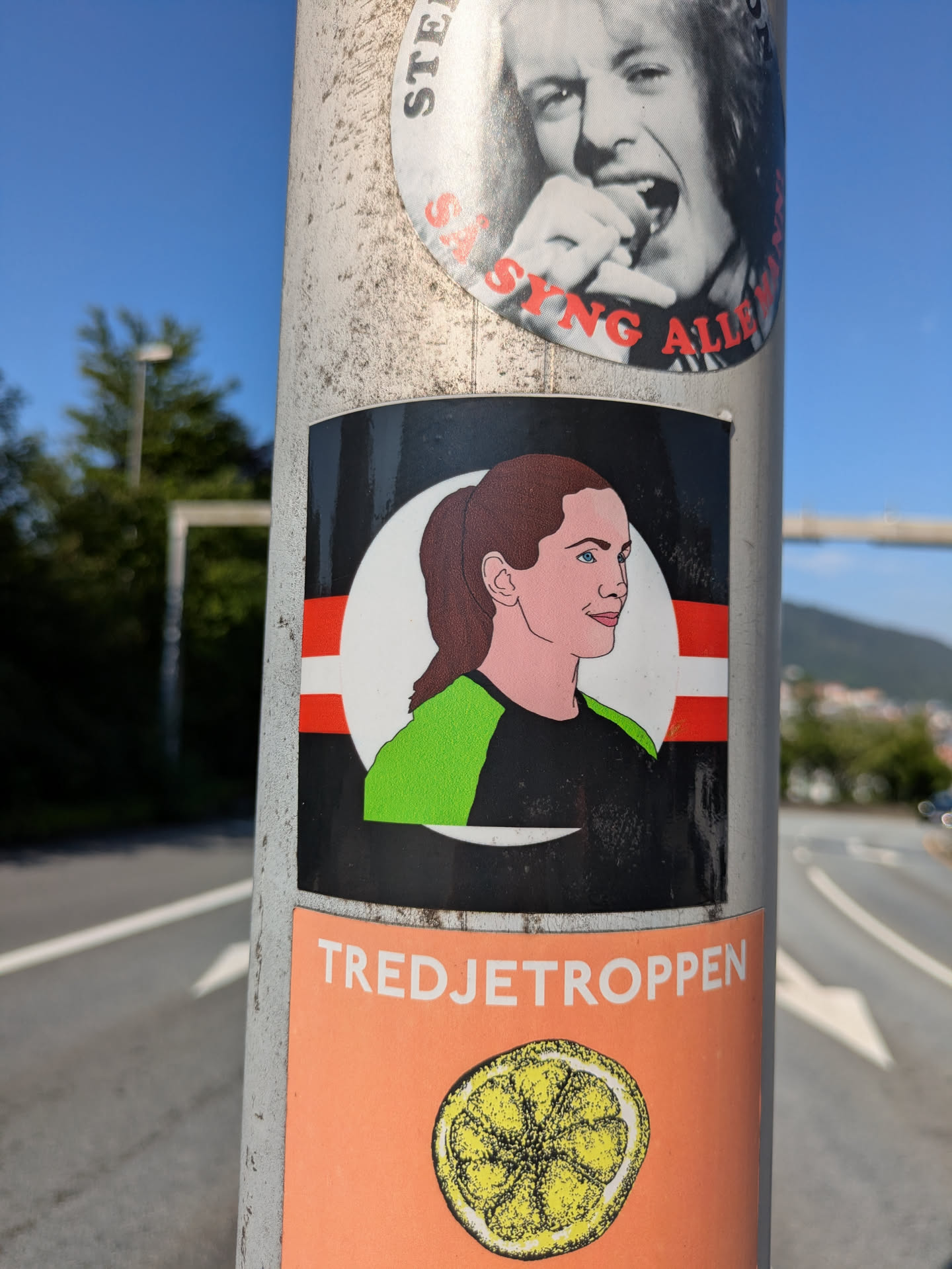 The central sticker showcases a stylized illustration of a young woman's profile, facing right. She has brown hair pulled back in a ponytail, blue eyes, and a soft smile. She is wearing a black and bright green two-toned top. Her portrait is encircled by a white outline, which extends into horizontal red stripes on either side, all set against a rectangular black background. The art style is clean and graphic, reminiscent of pop art or comic book illustration.