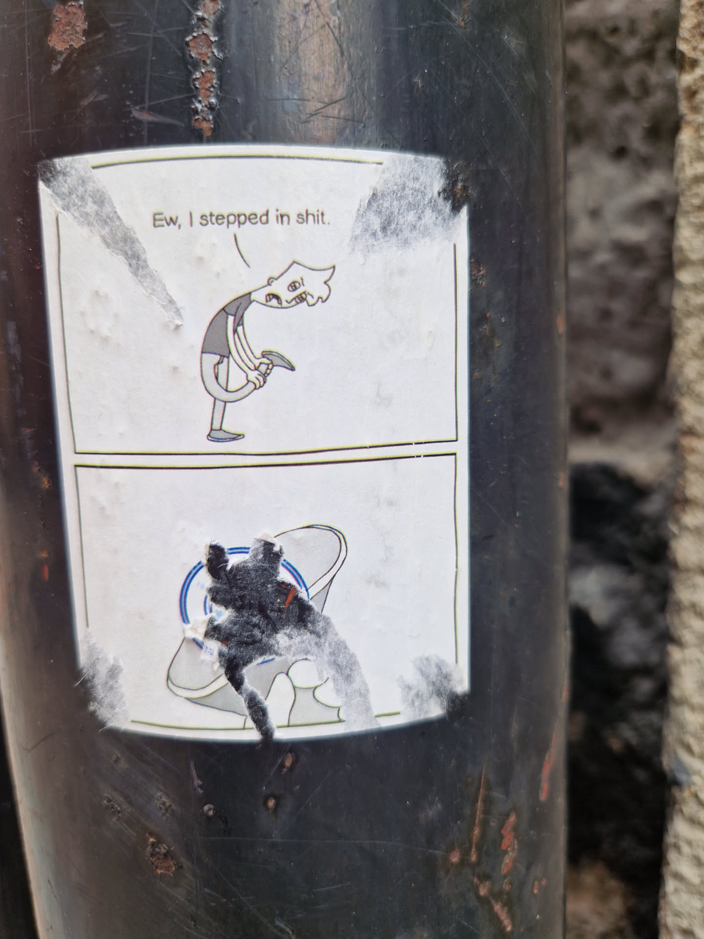 A sticker with a two-panel cartoon depicting someone stepping in something unpleasant and the aftermath.  The style is simple and slightly humorous.