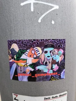 The sticker features a group of stylized characters in a colorful setting. A blond character on the left wears a purple robe and what appears to be some sort of mask. Another character wears a black and white striped hat and strange glasses. There's a tall character in the center with a greenish-blue face, wearing a black hat. A character on the right with blue skin holds pink flowers. The background is dark with a pattern of purple circles. The words '_gemini_gemstones_' are written across the bottom of the sticker. The style is artistic and illustrative.
