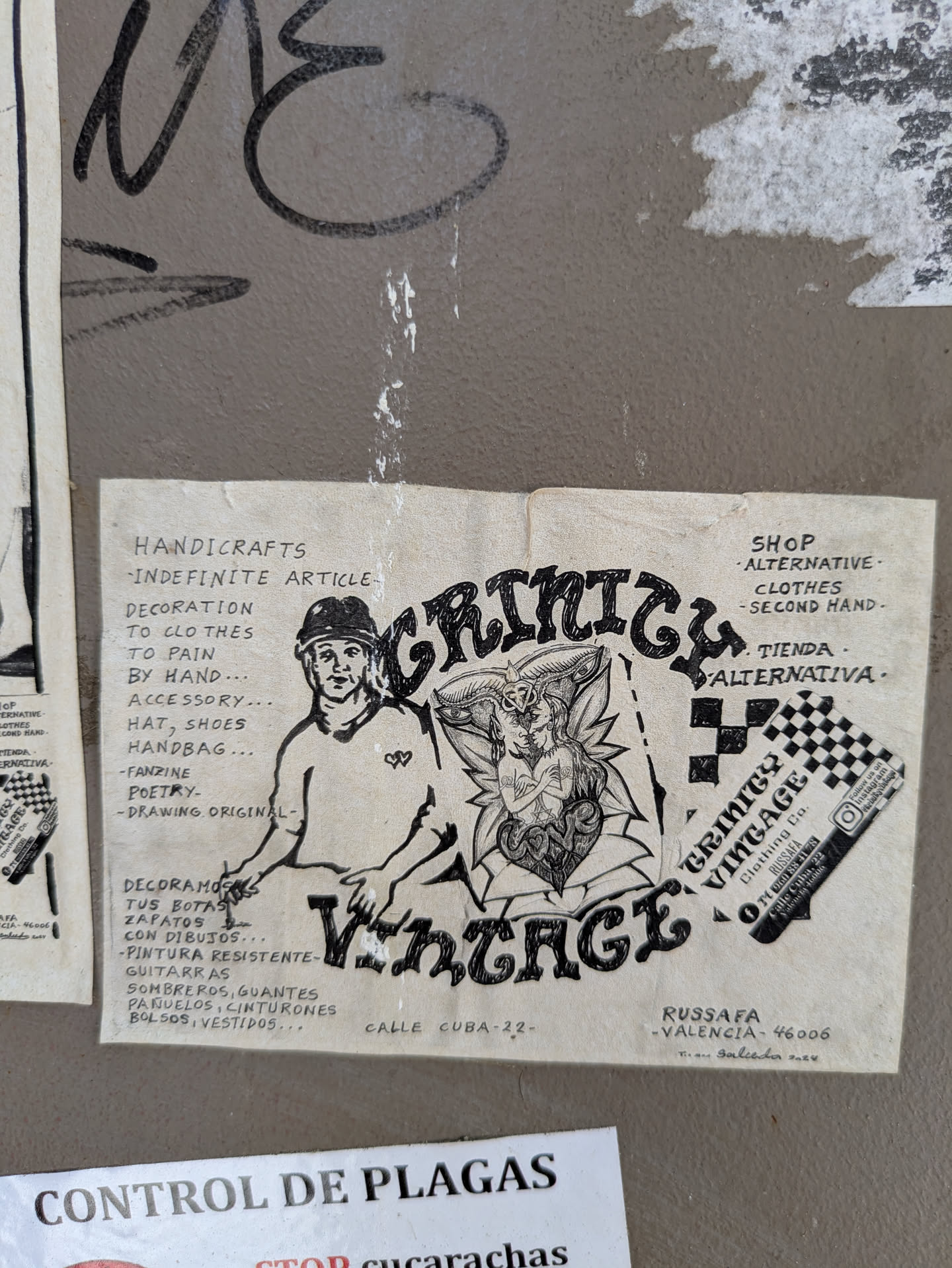 This is a vintage-style sticker for Grinich Vintage, a clothing company. The sticker features a hand-drawn illustration with the company name, a drawing of a man with a cap and a faun, and the text "Shop alternative, Clothes, Second Hand". The sticker also includes the company's address in Russafa, Valencia, and a small checkered label saying to follow them on Instagram.