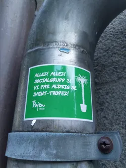 A green sticker with white text and a drawing of a plant in a pot. The text says: Allez! Allez! Socialgrupp 3! Vi får aldrig se Saint-Tropez! There is also a logo that says Pajen Tribe.