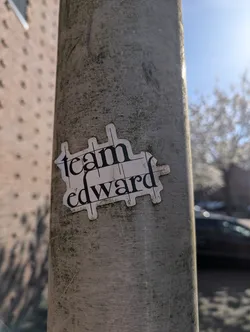 Street sticker A white sticker with black text is adhered to a light pole. The text reads "Team Edward". The sticker has a unique, slightly irregular shape.