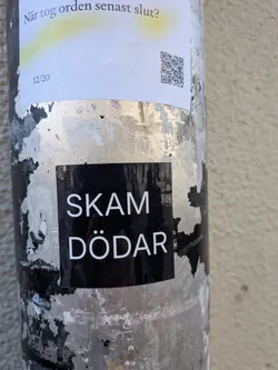 The sticker is a rectangular, black background with two lines of bold, white, sans-serif text. The top line reads 'SKAM' and the bottom line reads 'DÖDAR'. The sticker has a slight sheen, indicating a vinyl or similar material, and is applied to a heavily worn, metallic pole with peeling paint. The edges of the sticker appear crisp and well-defined.