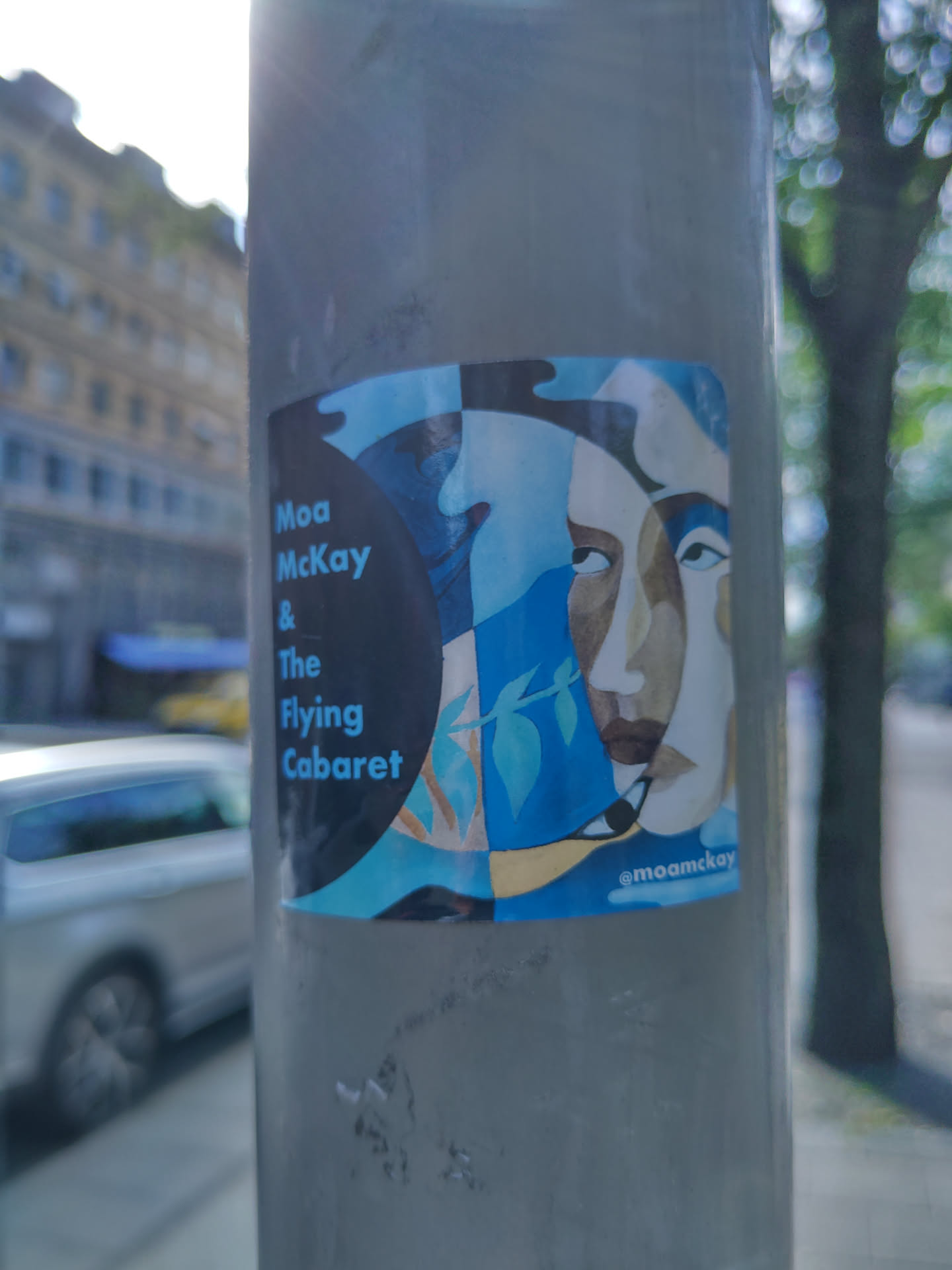 A sticker featuring abstract artwork and text. The artwork depicts two faces in shades of blue and yellow, with a branch in between them. The text includes the artist's name and show title, 'Moa McKay & The Flying Cabaret'. A social media handle is present in the corner.