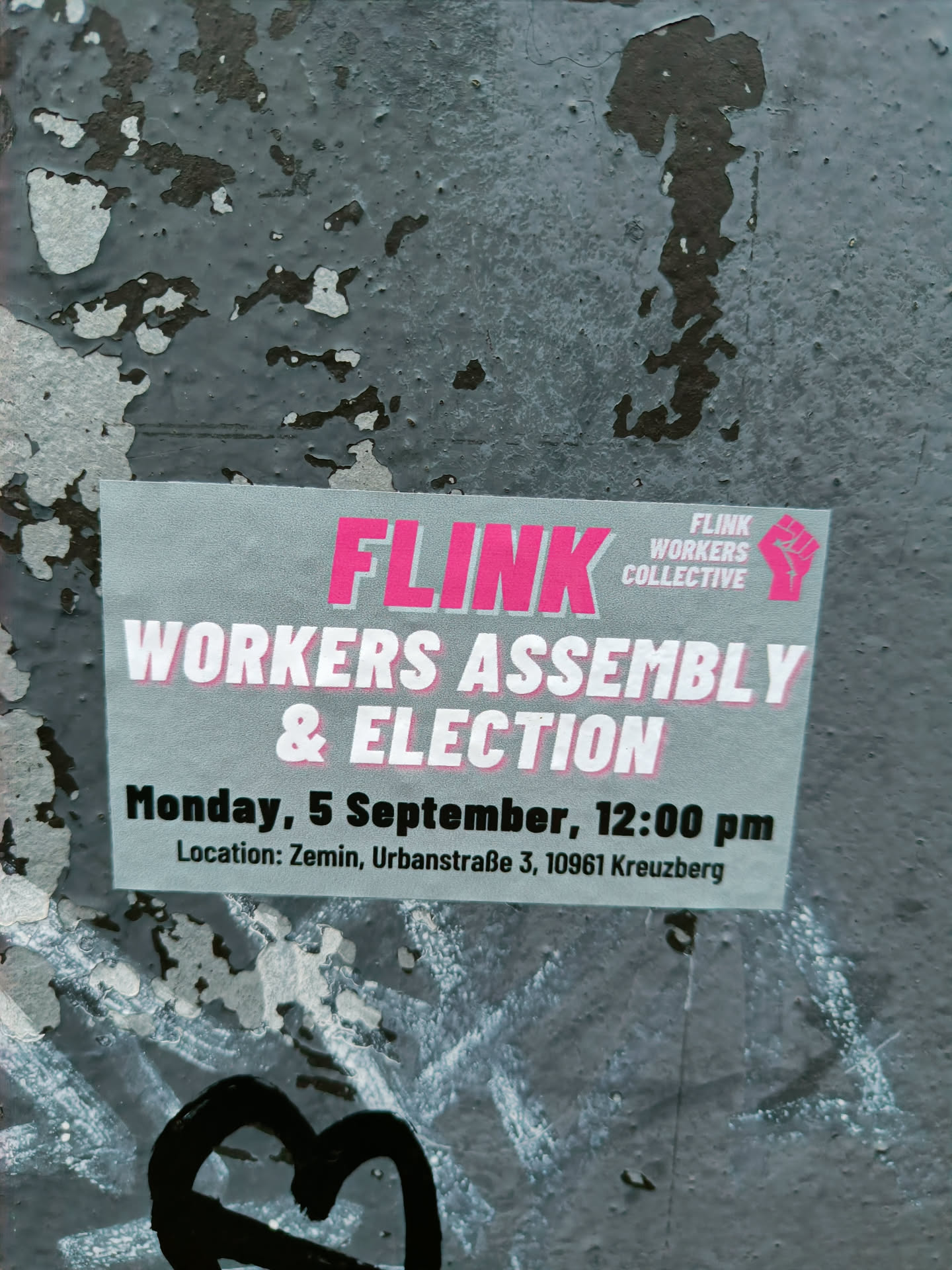 A sticker announcing a Workers Assembly and Election for the FLINK Workers Collective, taking place on Monday, September 5th at 12:00 pm in Zemin, Urbanstraße 3, 10961 Kreuzberg.