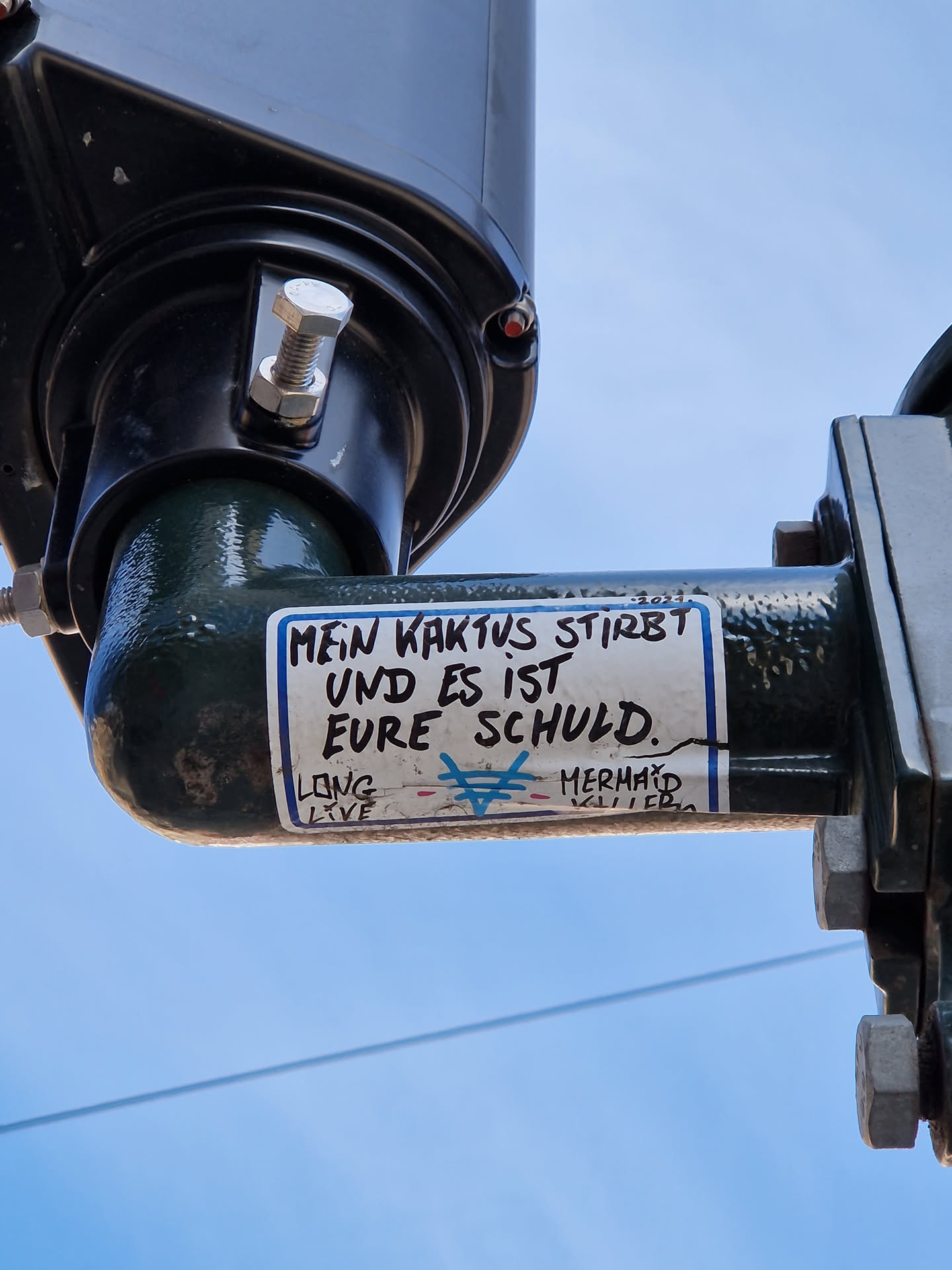 A sticker on a pole with text in German that says: "My cactus is dying and it's your fault."  There is also a logo with the words "Long Live" and "Mermaid Killer".