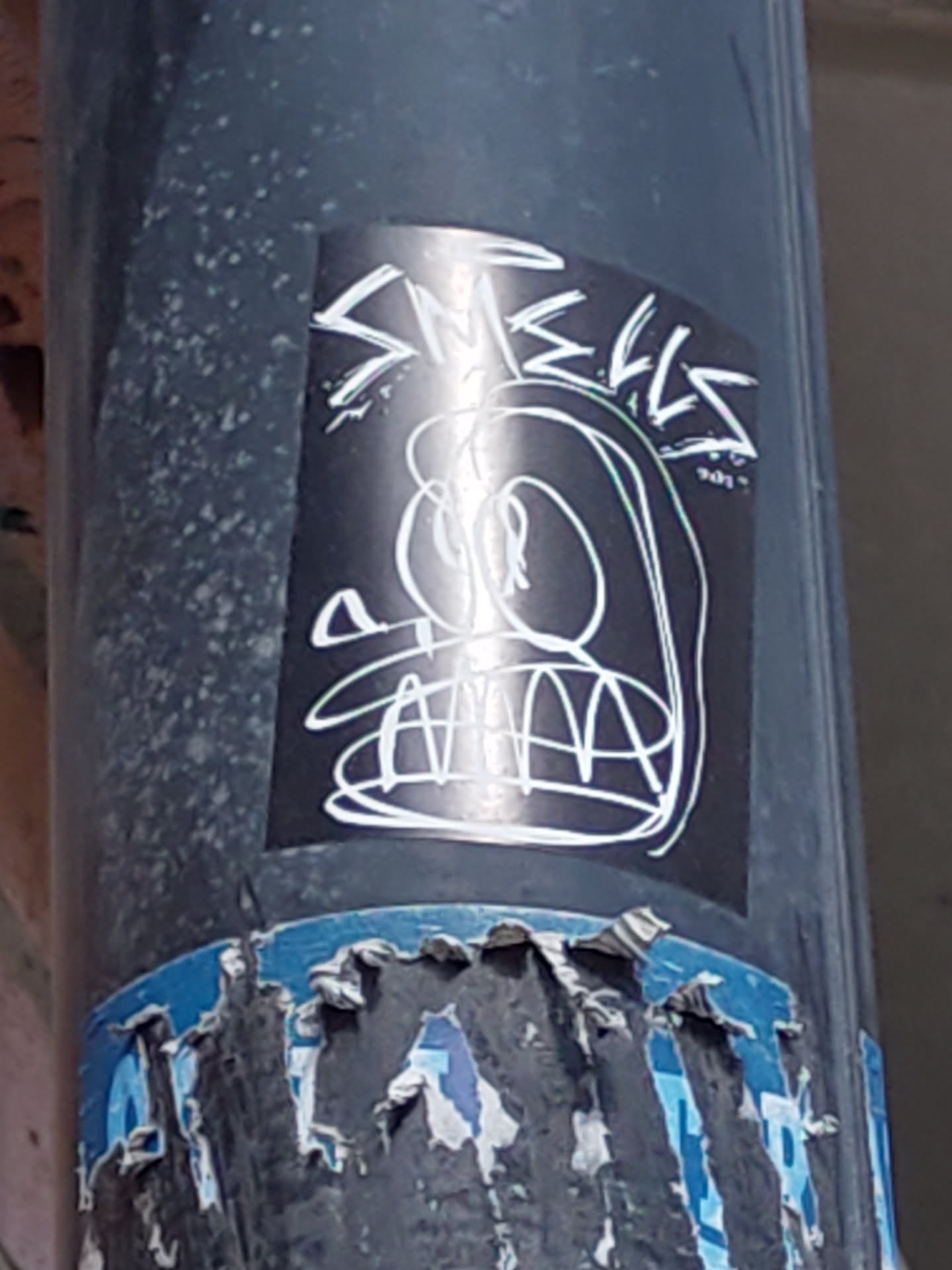 A black and white sticker with a cartoonish face and the word "Smells" written in a stylized font. The sticker is on a dark grey pole.  The sticker has a slightly distressed look.
