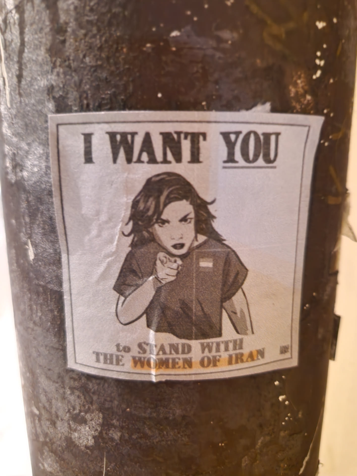 A sticker featuring a woman pointing at the viewer with the text: I WANT YOU to stand with the women of Iran.