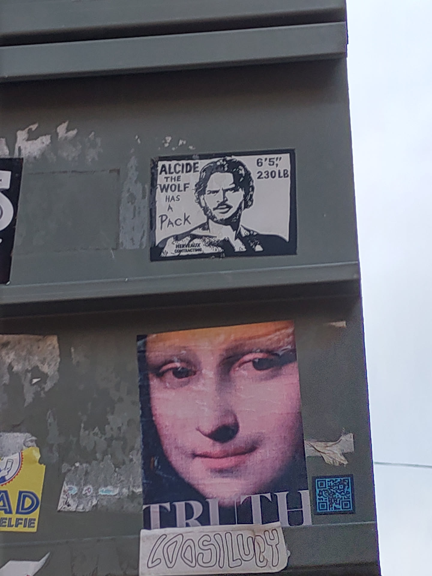 A sticker featuring a stylized portrait of a man with the text "Alcide the Wolf has a pack", his height and weight, and a QR code. Below it is a sticker of Mona Lisa with the words "Truth Coasilucy"